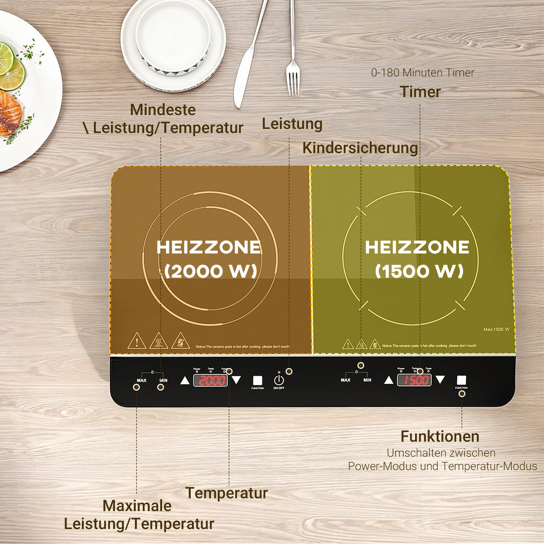 Bærbar induktionskogeplade, 10-trins temperaturkontrol, touchpanel, sort