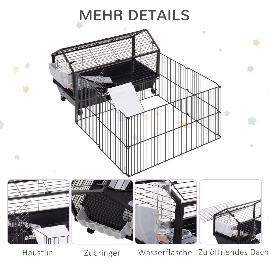 Bur til små dyr med udendørs indhegning inklusive tilbehør 88 cm x 128,5 cm x 56 cm 4 hjul sort metal polypropylen