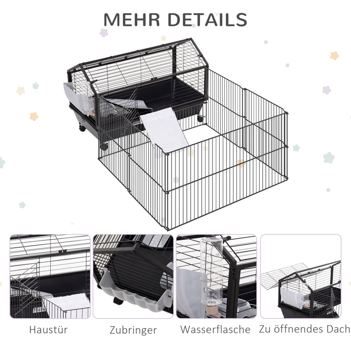 Bur til små dyr med udendørs indhegning inklusive tilbehør 88 cm x 128,5 cm x 56 cm 4 hjul sort metal polypropylen