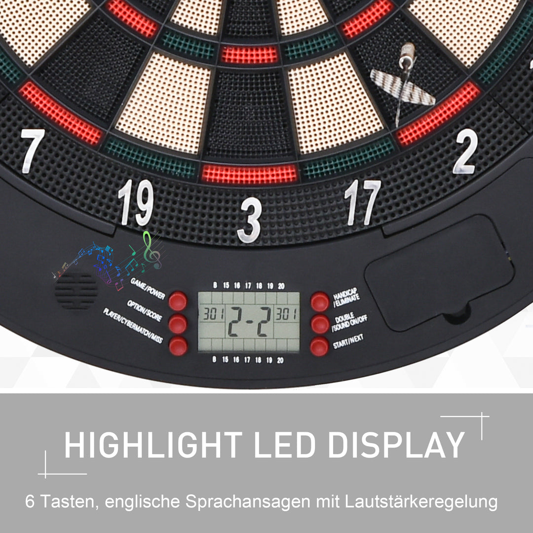 Elektronisk dartskive med stemmemeddelelser (engelsk stemme), LED-displays, 6 dart, 26 spil, 185 variationer, dartmaskine med dør, dartskivesæt til op til 8 spillere