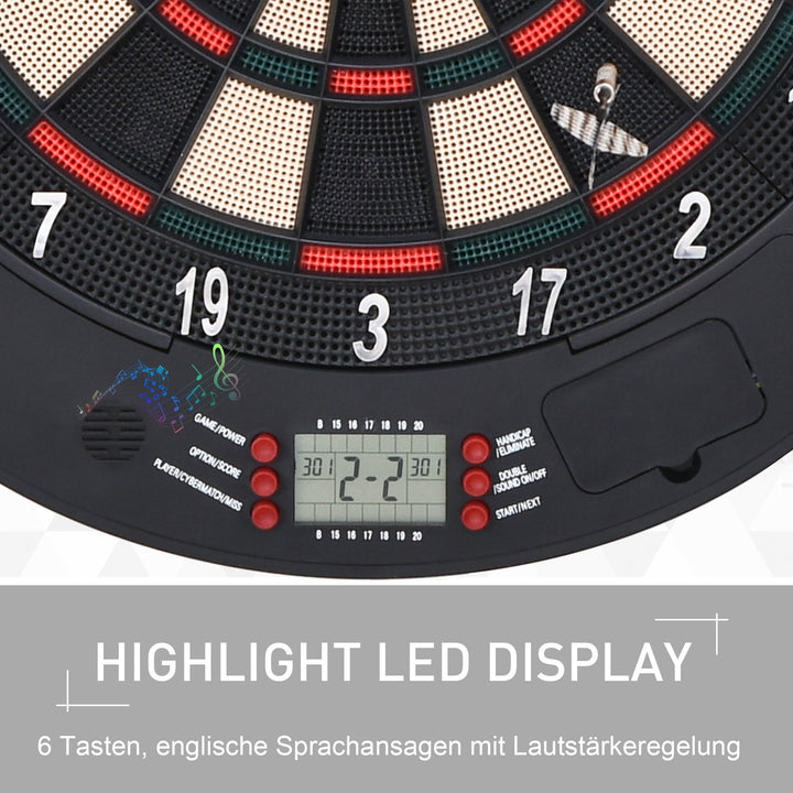 Elektronisk dartskive med stemmemeddelelser (engelsk stemme), LED-displays, 6 dart, 26 spil, 185 variationer, dartmaskine med dør, dartskivesæt til op til 8 spillere