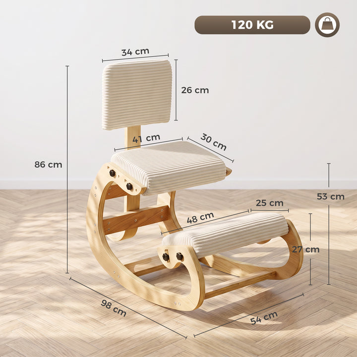 Ergonomisk knælestol med ryglæn, corduroy-look, cremehvid