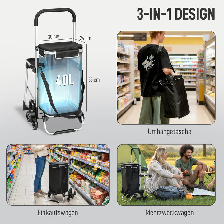 Indkøbsvogn, 40L Oxford-taske, 3-hjuls design, aluminiumsstel, sæde, grå
