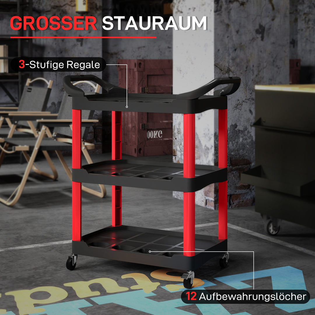 3-lags værktøjsvogn med sidehåndtag og hjul, plastik, rød