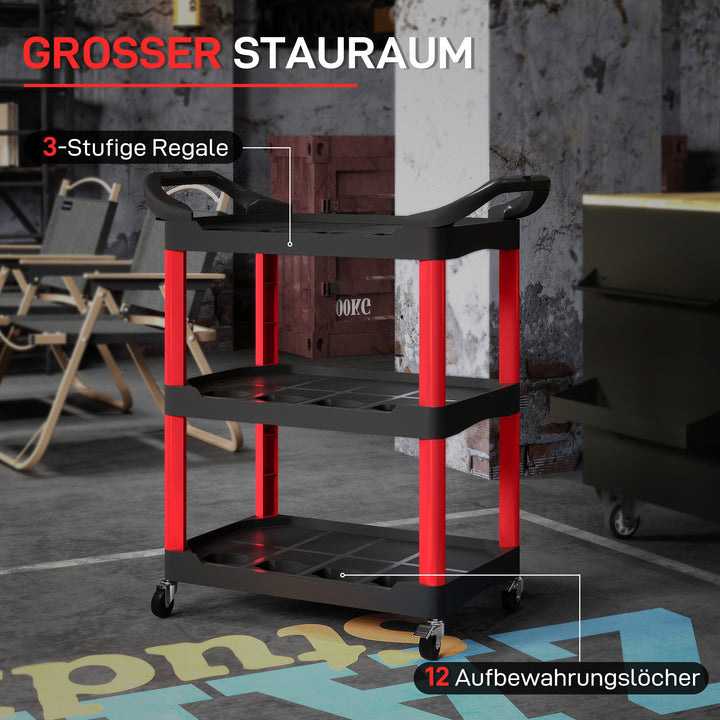 3-lags værktøjsvogn med sidehåndtag og hjul, plastik, rød