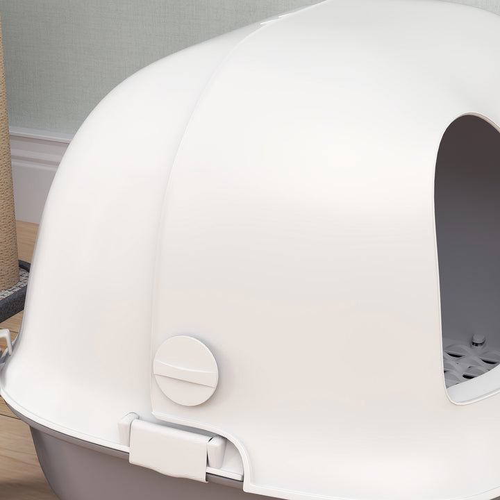 Kattebakke med låg, kattebakke med indvendig kanal, dør, skovl, nem at rengøre, plastik, lysegrå