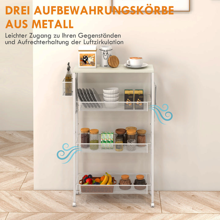 Nichevogn multifunktionel køkkenvogn, 3 hylder, krogene, 58 cm x 18,5 cm x 87 cm, hvid