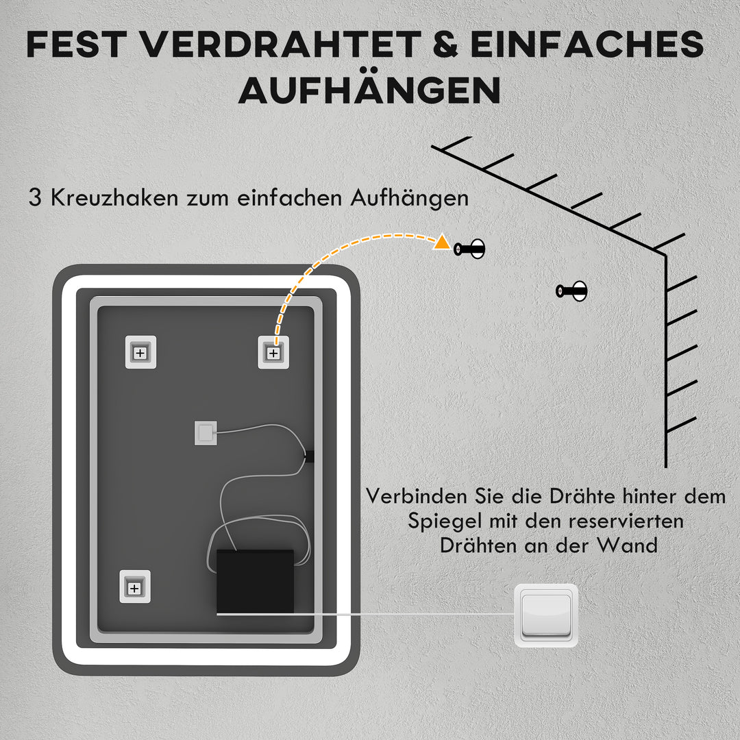 Badeværelsesspejl, oplyst, touch control, anti-dug, dæmpbar, 3 lysfarver, 60 x 80, sølv