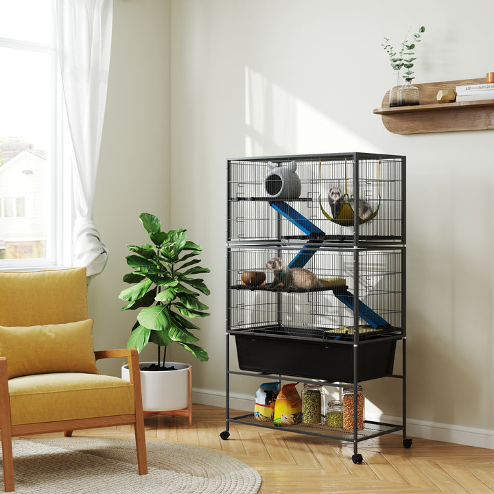 Bur til små dyr, kæledyrsbur med 5 niveauer, skridsikre ramper, hængekøje, 88 x 48 x 150,5 cm, mørkegrå