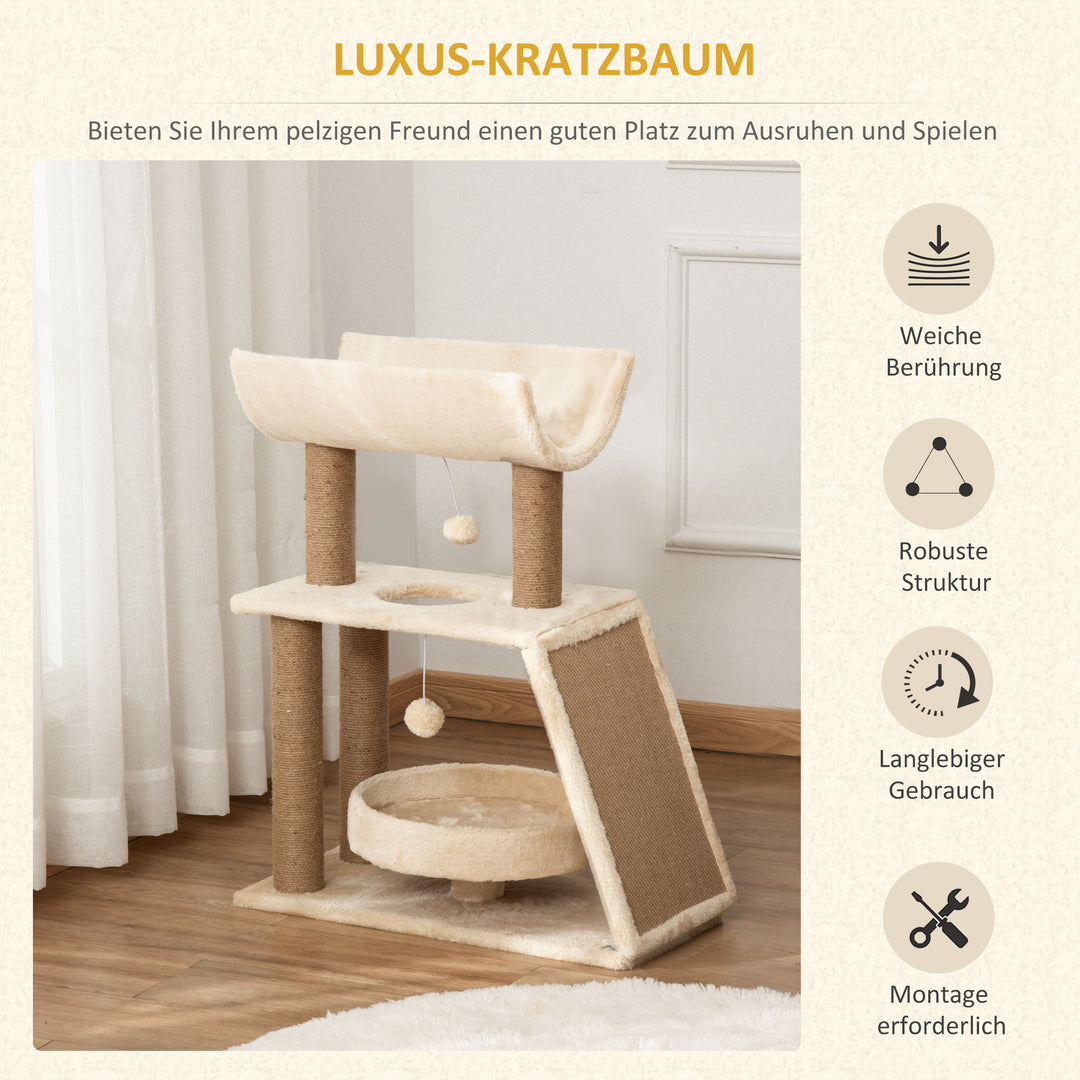 Kradsetræ, inklusive legetøj og katteseng, 60 cm x 30 cm x 76 cm, creme + natur