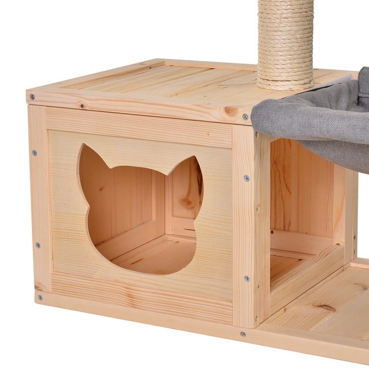 Kattehus med hængekøje, kattekasse med sisalstolpe, kattehule, kradsetræ, aktivitetscenter til katte, fyrretræ, naturtræ, 70 x 35 x 60 cm