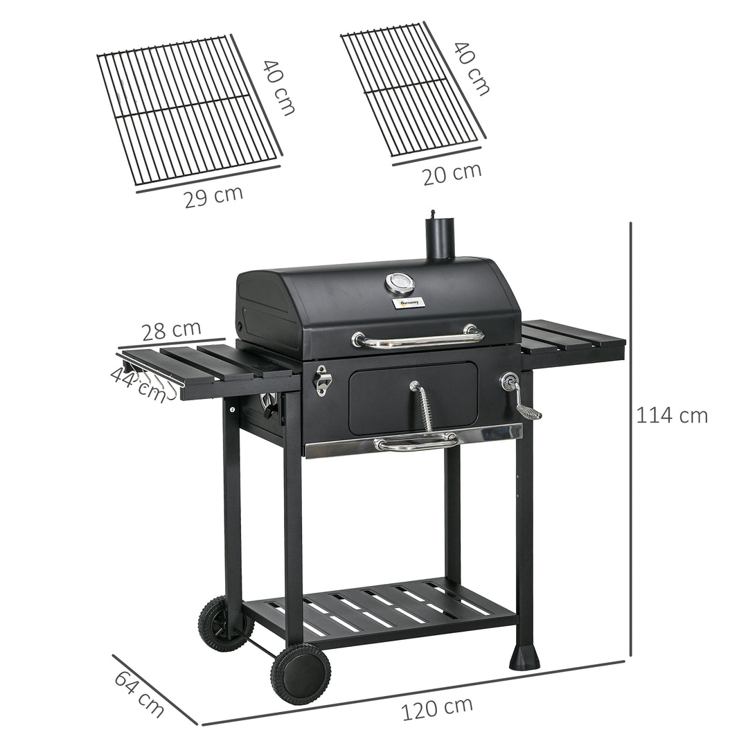 Trækulsgrill med rygeovn, inklusive termometer og flaskeåbner, 120 x 64 x 114 cm, sort