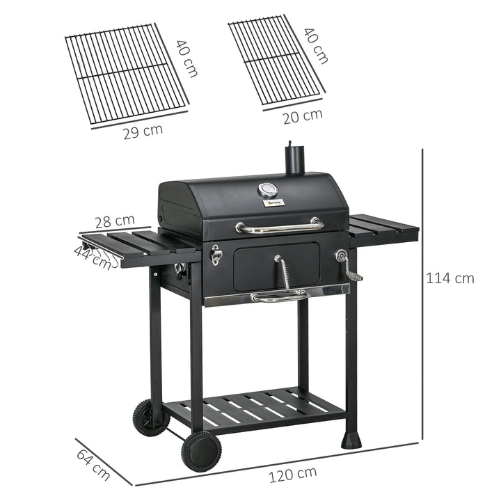 Trækulsgrill med rygeovn, inklusive termometer og flaskeåbner, 120 x 64 x 114 cm, sort