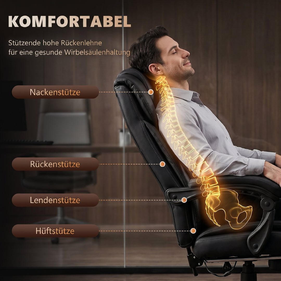 Ergonomisk kontorstol med massagefunktion, skrivebordsstol med fodstøtte, høj ryglæn, lændestøtte, sort
