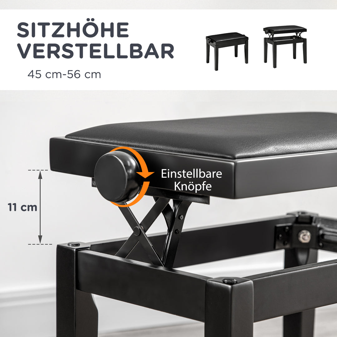 Klaverbænk, højdejusterbar klaverstol, elegant højglans, kunstlæder + gummitræ, sort, 63 x 33 x 56 cm