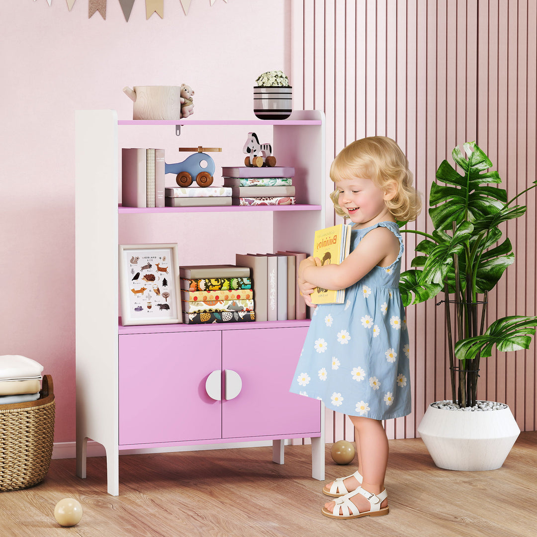 Børnebogsreol, 2 hylder, 2 skabe, fritstående, anti-tip design, skridsikre ben, mdf, pink+hvid