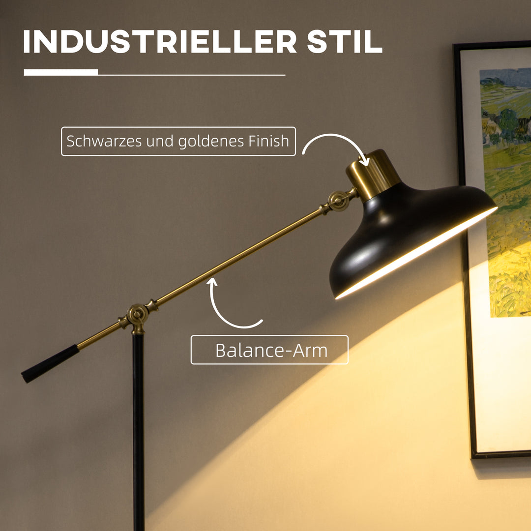 Industriel gulvlampe, emalje, fleksibel stel, fodkontakt, sort + guld