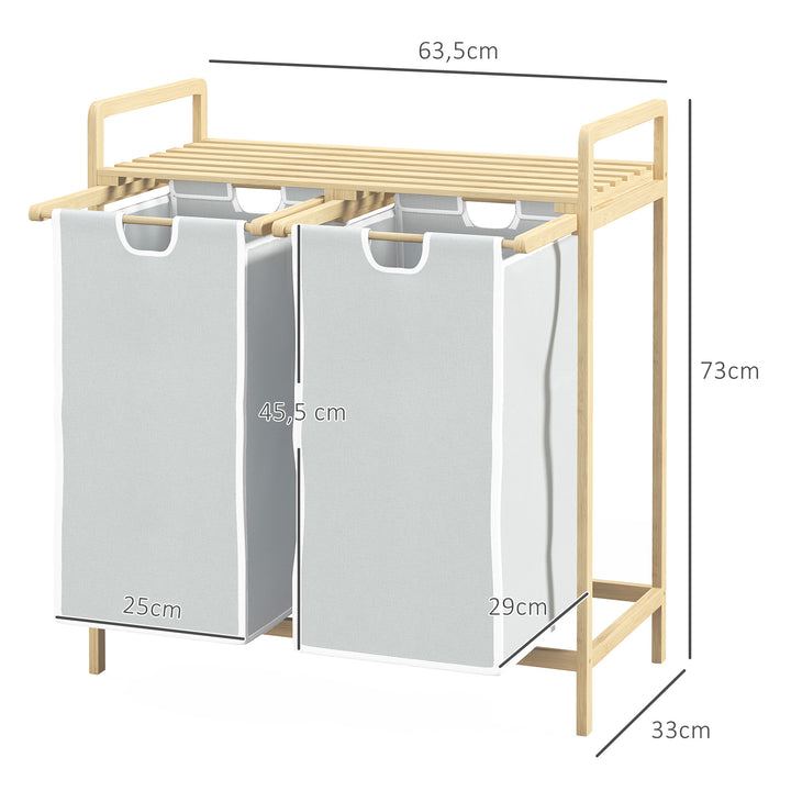 Vasketøjskurv med 2 vasketøjsposer, 1 hylde, bambus, 63,5 cm x 33 cm x 73 cm, lysegrå + natur