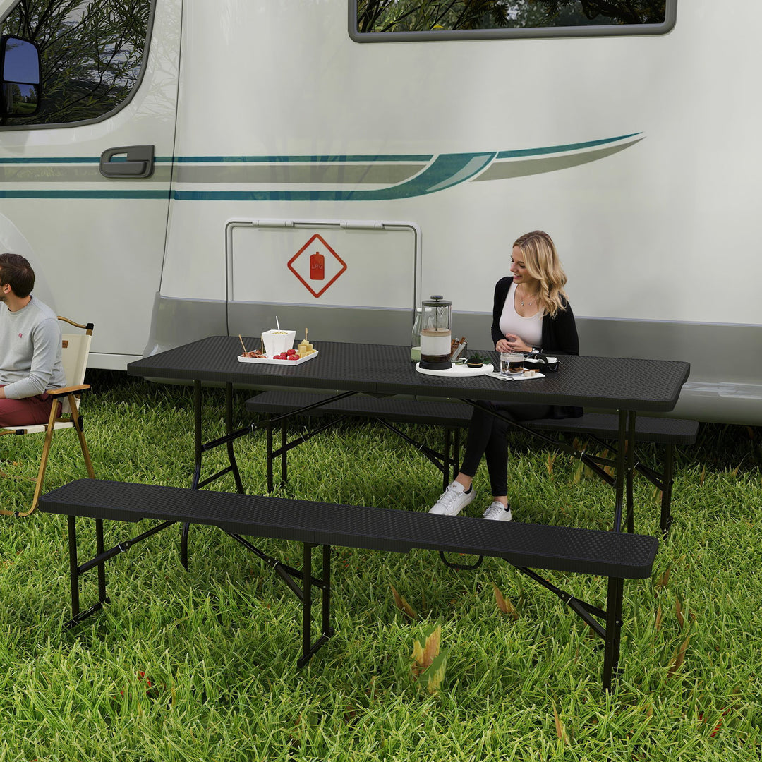 Picnicbord og bænke, 3-delt sæt, foldbart, plastik, metal, sort