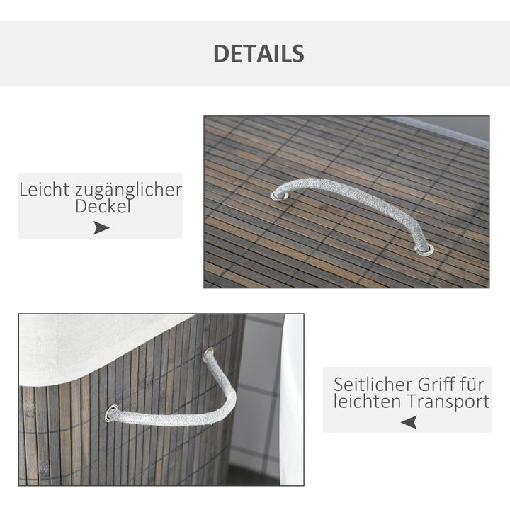 100L vasketøjskurv med 3 håndtag, med vaskbar vasketøjspose, bambus, polyester, bomuld, metal, 52 x 32 x 63 cm, grå