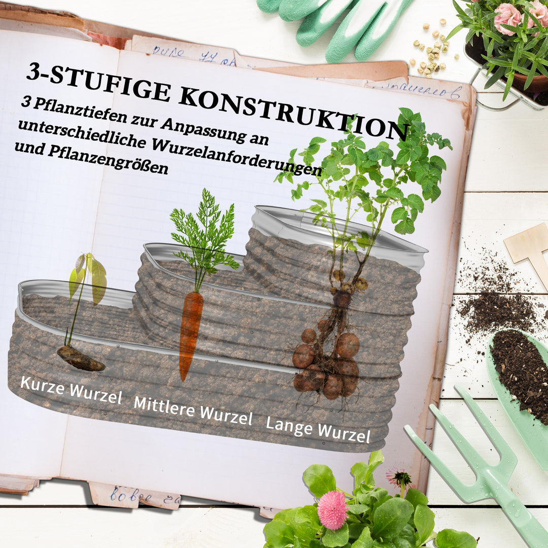 Højbed, udendørs blomstertrappe-plantekasse, 3 trin, 158 x 109 x 82 cm, sølv