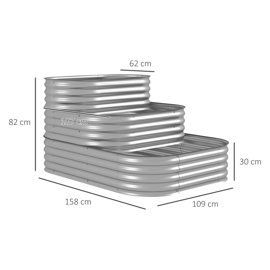 Højbed, udendørs blomstertrappe-plantekasse, 3 trin, 158 x 109 x 82 cm, sølv