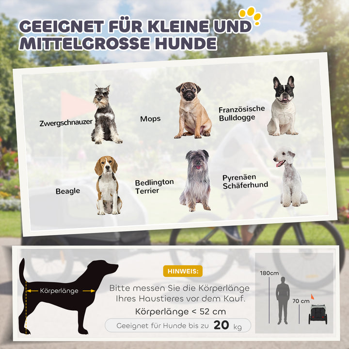 Sammenklappelig cykeltrailer til mellemstore hunde op til 20 kg med nedklappelig rampe, reflekser, snor, flag, grå.