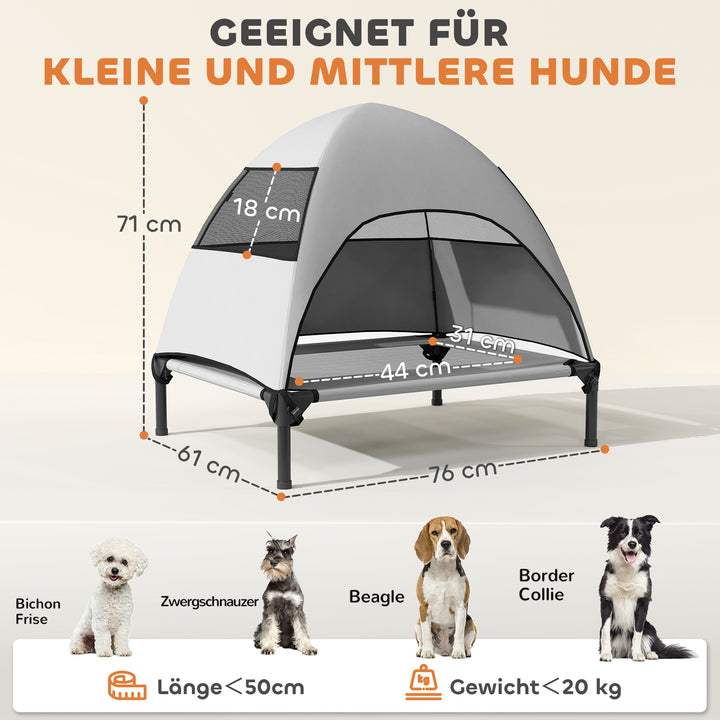 Udendørs hundeseng med tag, hævet hundeseng til mellemstore hunde, 76 x 61 x 71 cm, lysegrå