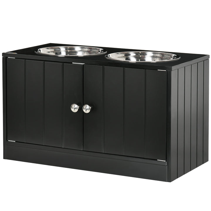 Forhøjet foderstation med 2 rustfrit stålskåle og 44 l opbevaring, magnetiske døre, til store hunde, sort