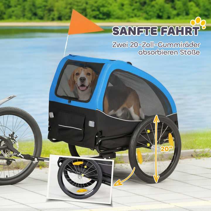 Sammenklappelig hundetrailer med reflekser, netvindue, hjul, dør, sikkerhedsflag til hunde op til 20 kg, 138x70x89 cm, blå