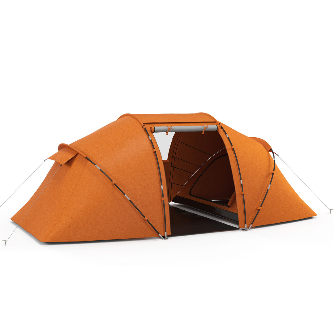 Tunneltelt til 4-6 personer, campingtelt med dør, bund, 2000 mm vandtæt, orange