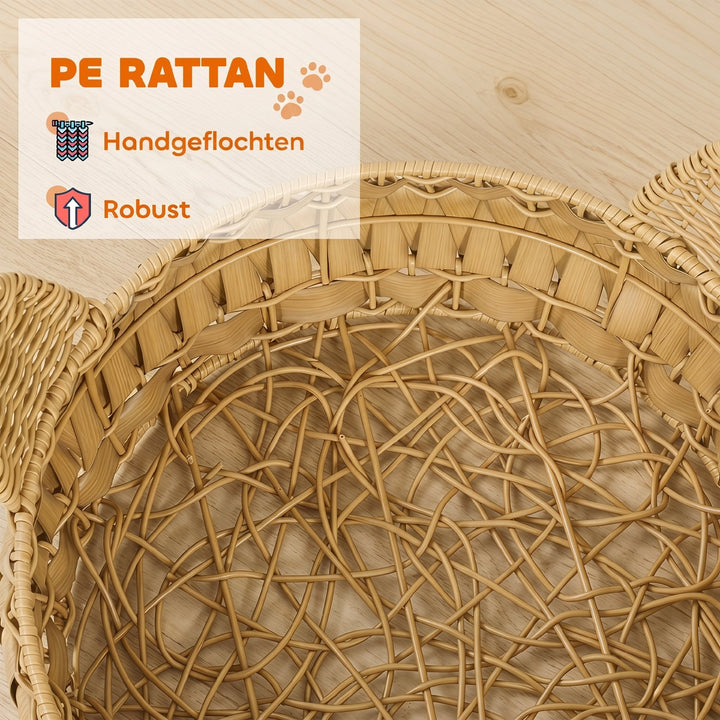Rattan katteseng, kattehule med aftagelig hynde, kattekurv til katte op til 10 kg, 50 x 50 x 25 cm, lysebrun