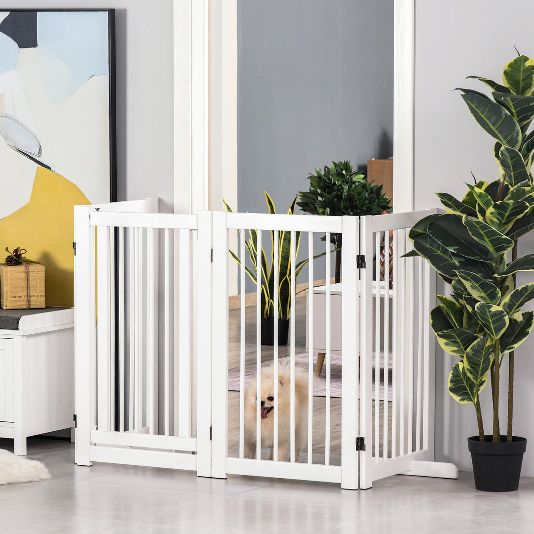 Hundesikkerhedsgitter, sæt med 4 dele, 220 x 91 cm, foldbart, med dør, fritstående hundegitter med 2 støttefødder, trætrappegitter til entré, køkken, trappe, hvid