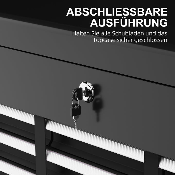 Værktøjskasse, låsbar, 3 skuffer, stålkabinet, 60x26x34cm, sort