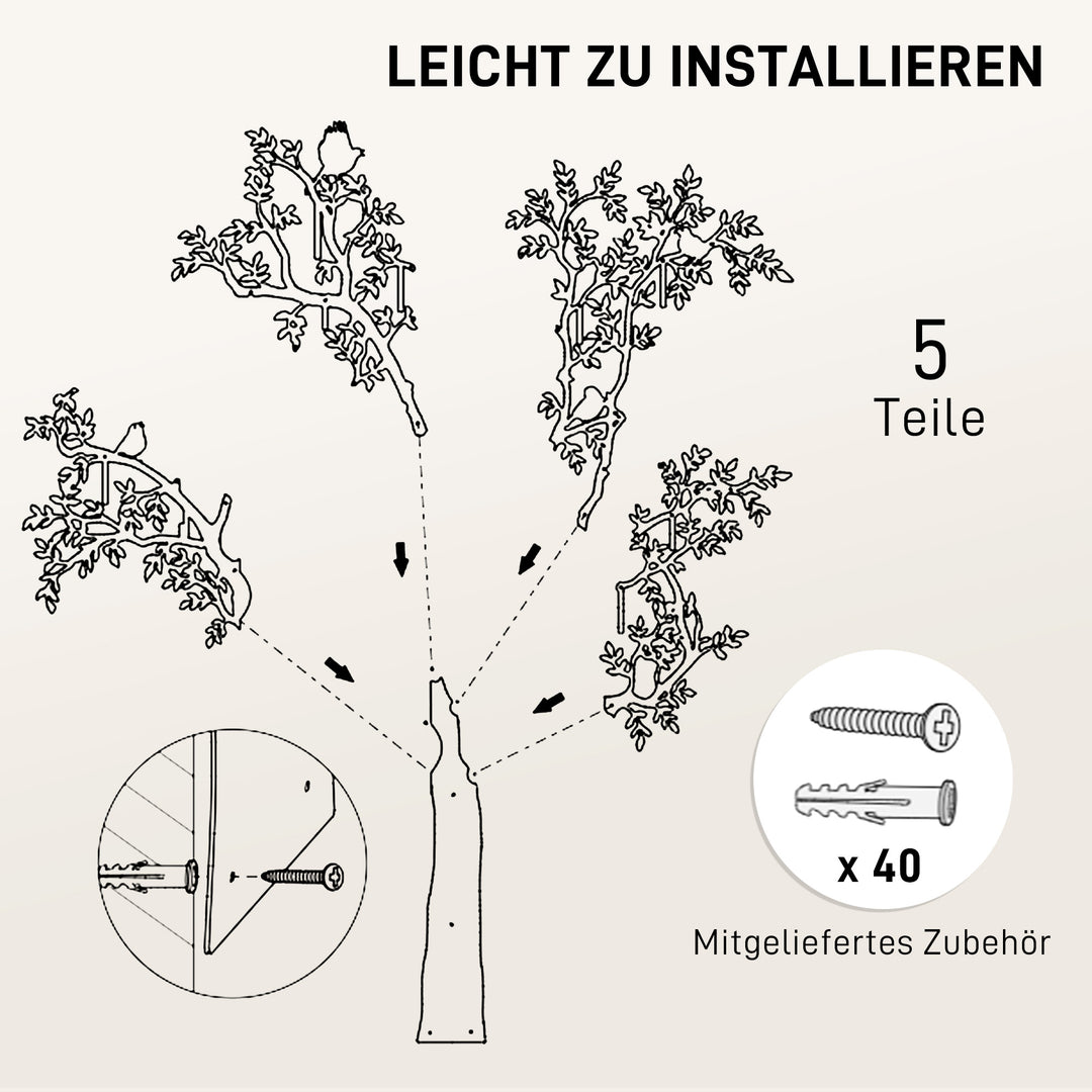 Vægmonteret knagerække, vægmonteret knage, trædesign med fugle, sort