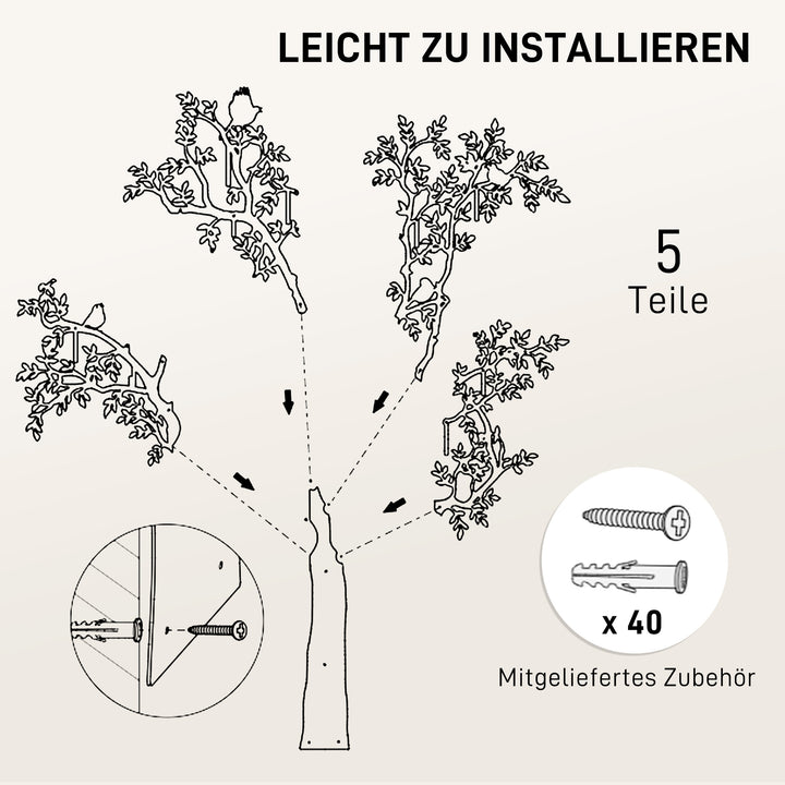 Vægmonteret knagerække, vægmonteret knage, trædesign med fugle, sort