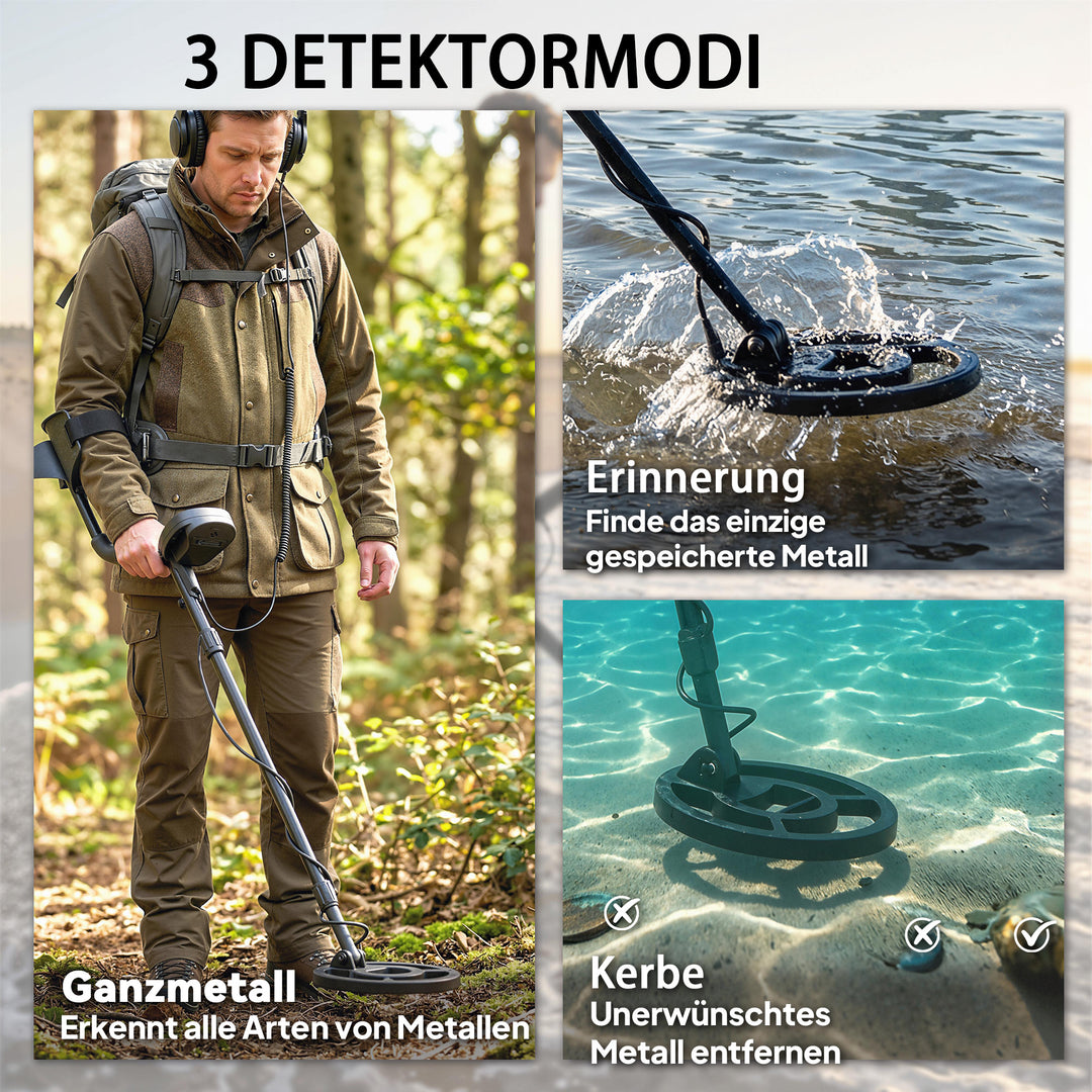 IP68 vandtæt metaldetektor med 3 tilstande, hovedtelefoner, skovl, spole, 7-tommer LCD-skærm, detektionsdybde