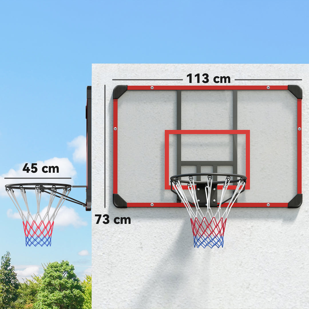 Vægmonteret basketballkurv, indendørs/udendørs, robust pc-bagplade, nylonnet, stålring, 113 x 61 x 73 cm
