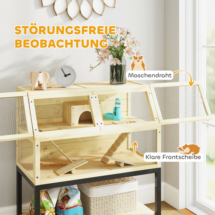 Træbur til dværghamstere med opbevaringsrum, hjul, ramper, vandflaske, hytte, vippe, 87 x 43 x 101 cm