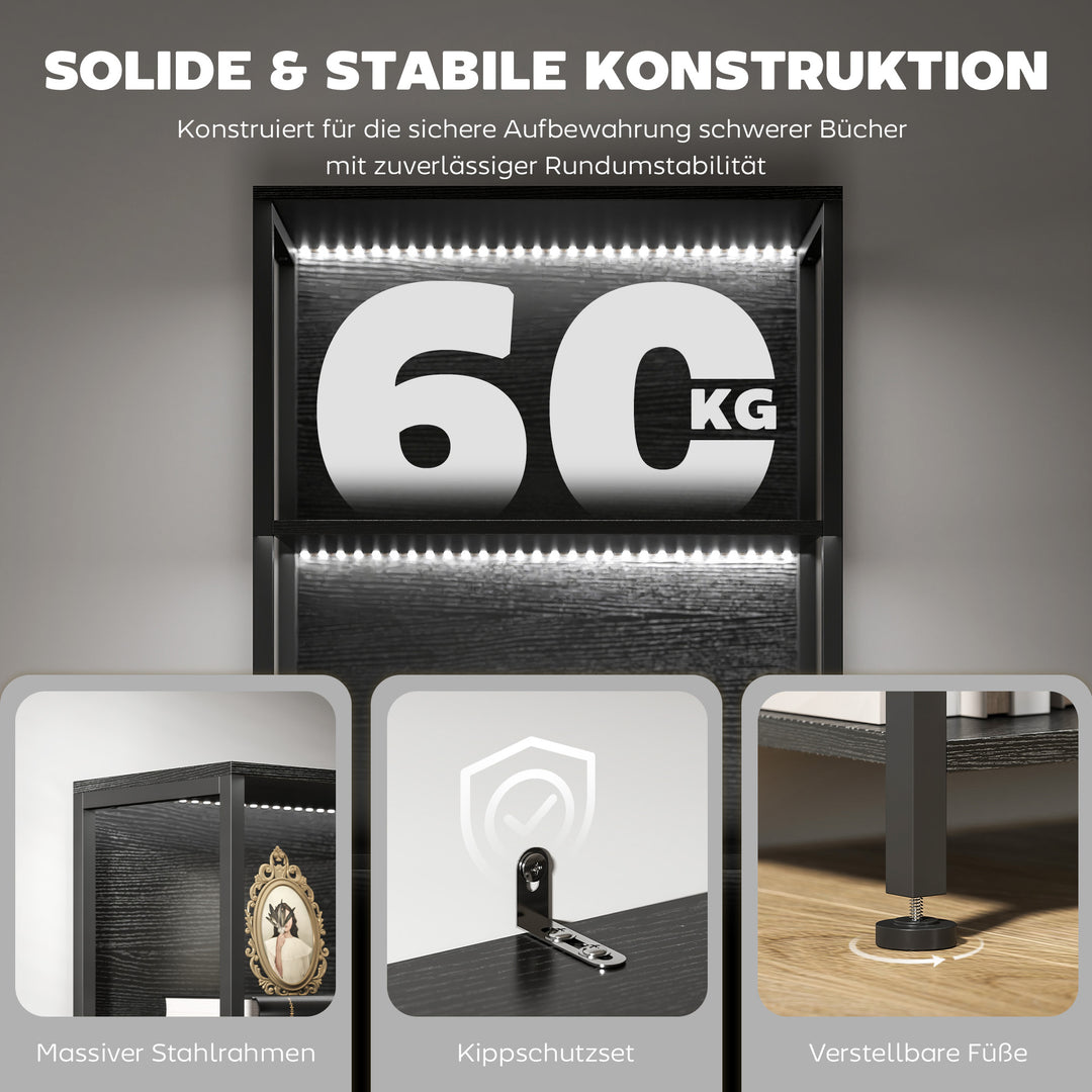 5-etagers bogreol med LED-belysning, 7 lysfarver, til stue, 60 x 30 x 179 cm, sort