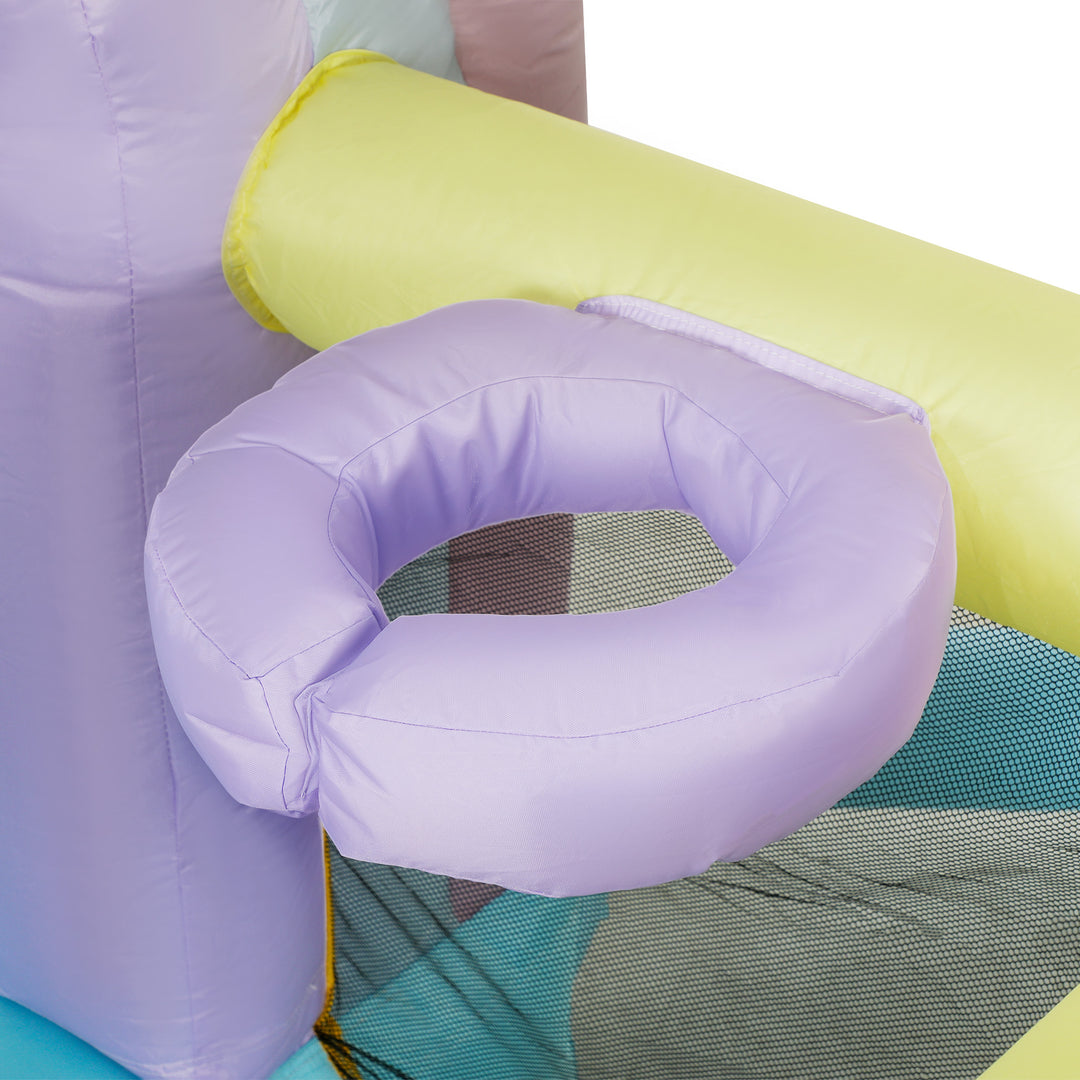 Hoppeborg, boldbassin, 2 rutsjebaner, oxfordstof, uv-bestandig, blæser, farverig