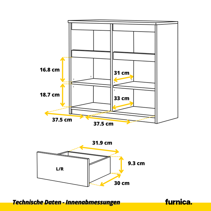 NOAH - Kommode med 3 skuffer - naturfarvet / højglans hvid H75cm B80cm D35cm