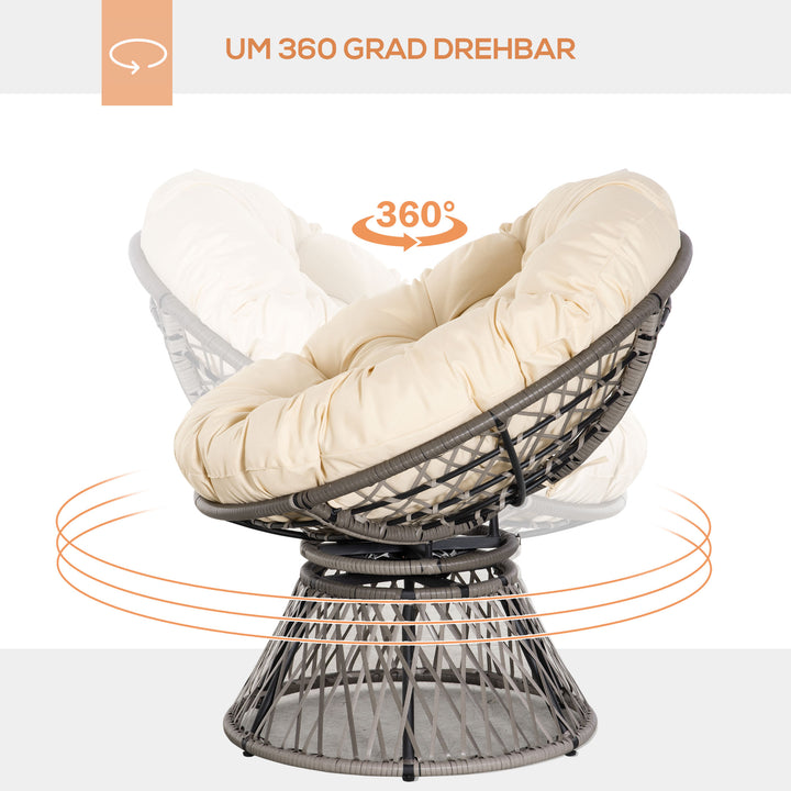 Papasan stol, kurvestol, sædehynde, syntetisk rattan, drejelig, metalstel, 87 x 97 x 86 cm, beige