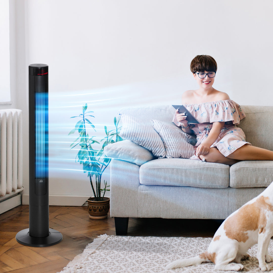 Stille tårnventilator med fjernbetjening, 117 cm, 70° oscillerende ventilator, standerventilator med 4 tilstande, 3 hastigheder, 12-timers timer, LED-display, sort