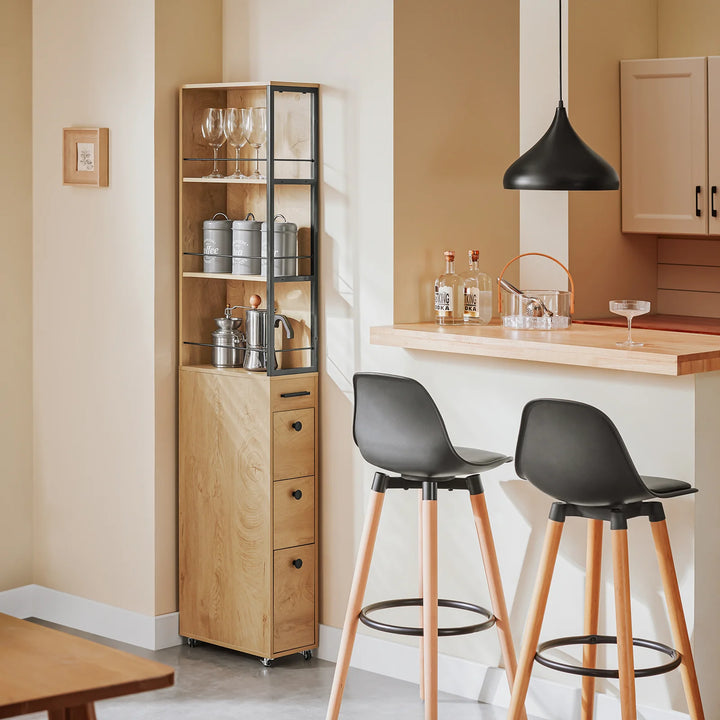 Smal opbevaringsreol med hjul, L20 cm x B40 cm x H170 cm, naturfarvet