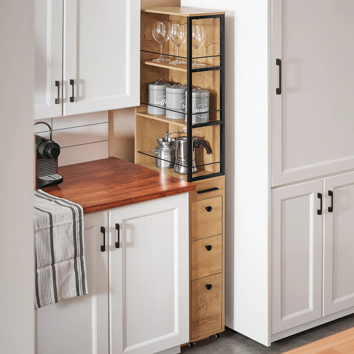 Smal opbevaringsreol med hjul, L20 cm x B40 cm x H170 cm, naturfarvet