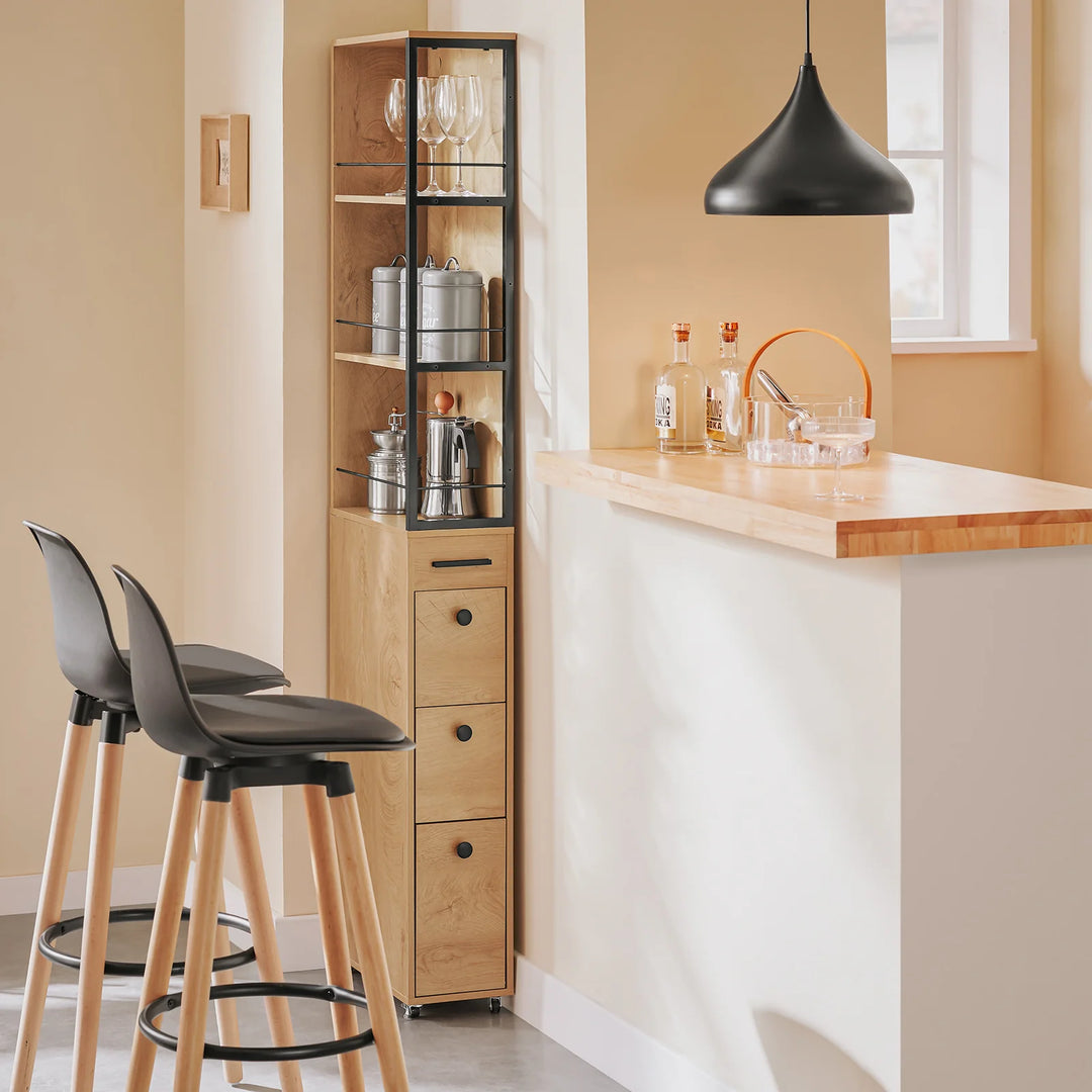 Smal opbevaringsreol med hjul, L20 cm x B40 cm x H170 cm, naturfarvet