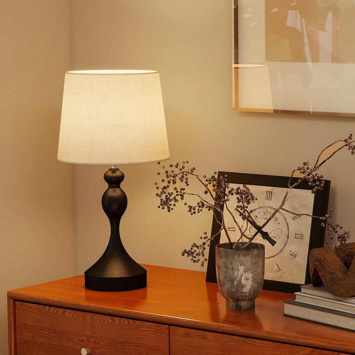 LED-bordlampe med 3 farvetemperaturer, sengelampe med USB A+C-opladeporte, skærm i linned, sort
