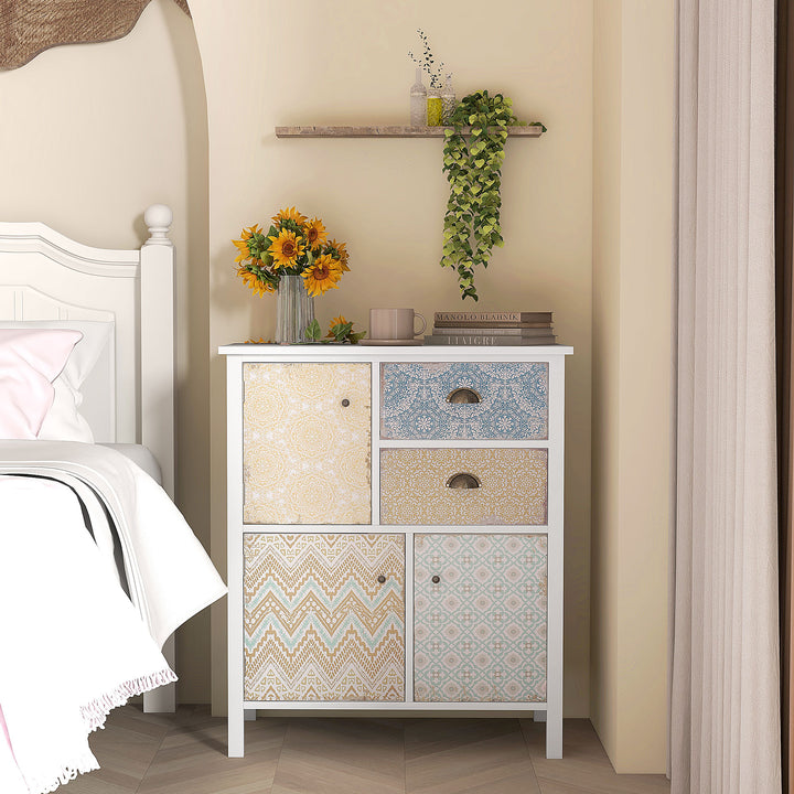 Skænk, shabby chic kommode, 2 skuffer, 3 skabsrum, fyrretræ, 68x34x80cm, hvid