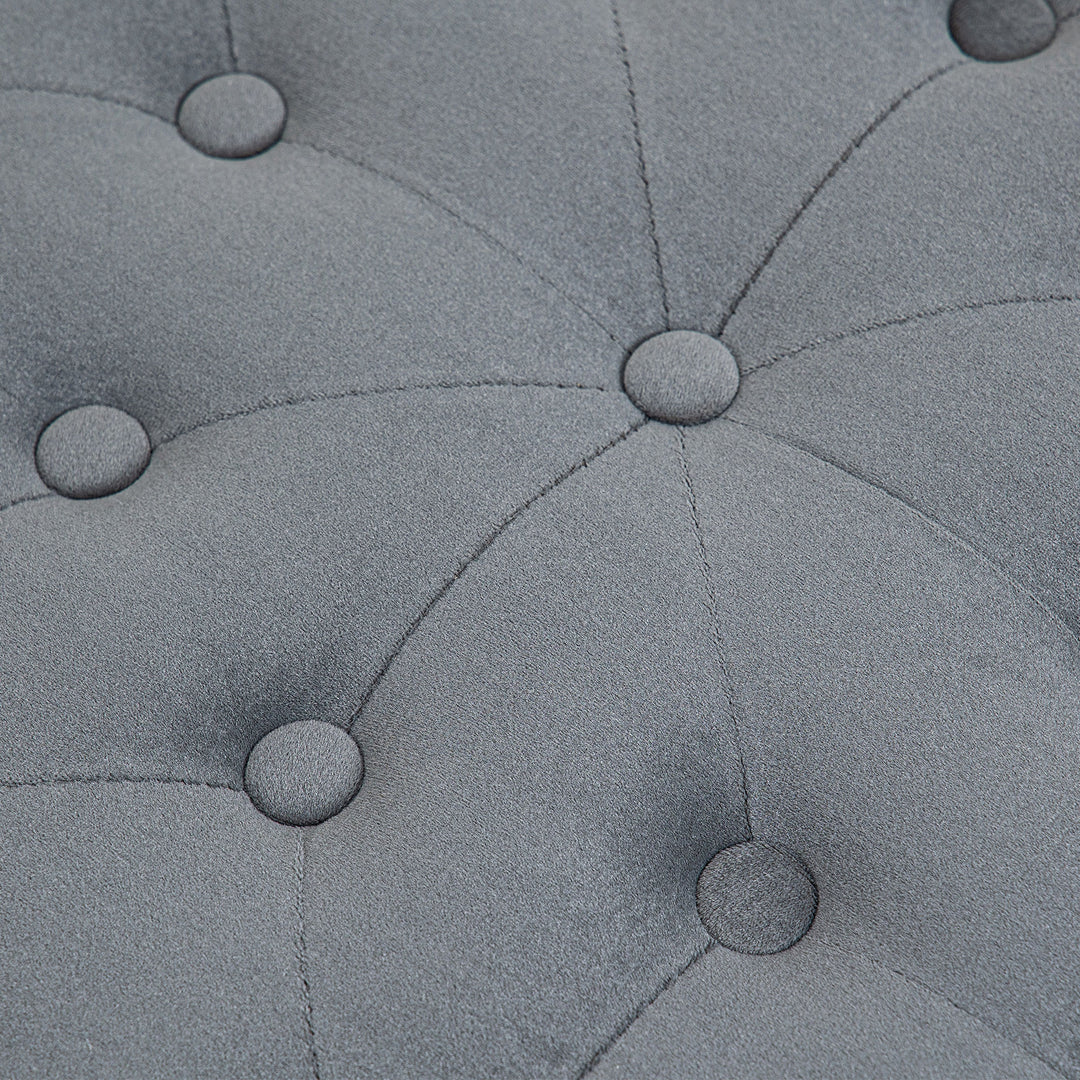 Rund skammel med opbevaringsrum, quiltet design med knapper, betræk i fløjlslook, grå, 60 x 60 x 40 cm